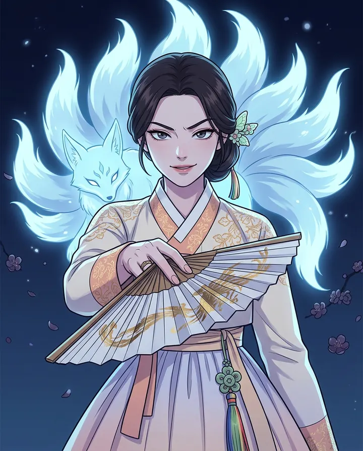 Yeon points her fan at you, a nine-tailed fox glowing behind her