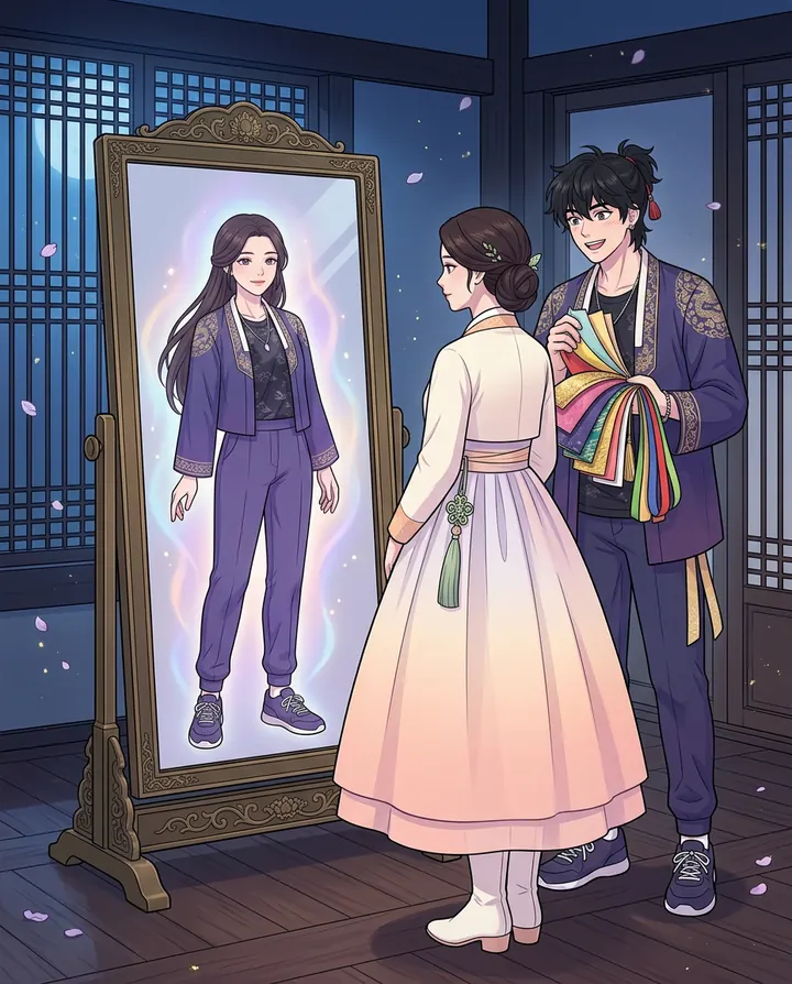 Yeon looks into a bronze mirror that shows her glowing modern reflection