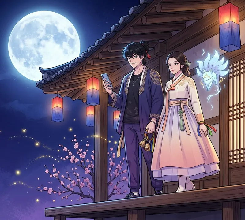 Bom and Yeon on a hanok veranda under a full moon, plum blossoms drifting